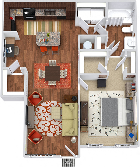 The Jones. 1 bedroom apartment. Kitchen with island open to living/dinning rooms. 1 full bathroom. Walk-in closet. Extra storage closet.